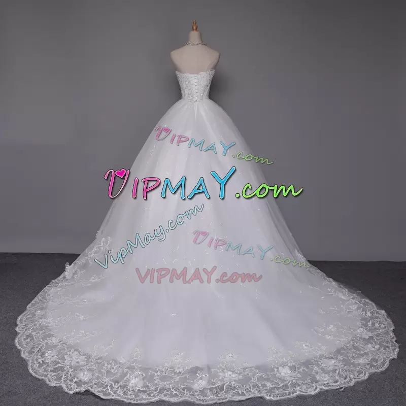 Sweetheart Sleeveless Sweep Train Lace Up Beading and Appliques Wedding Gown in White