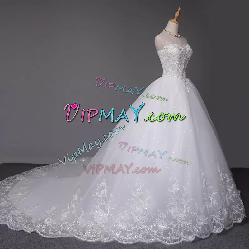 Sweetheart Sleeveless Sweep Train Lace Up Beading and Appliques Wedding Gown in White