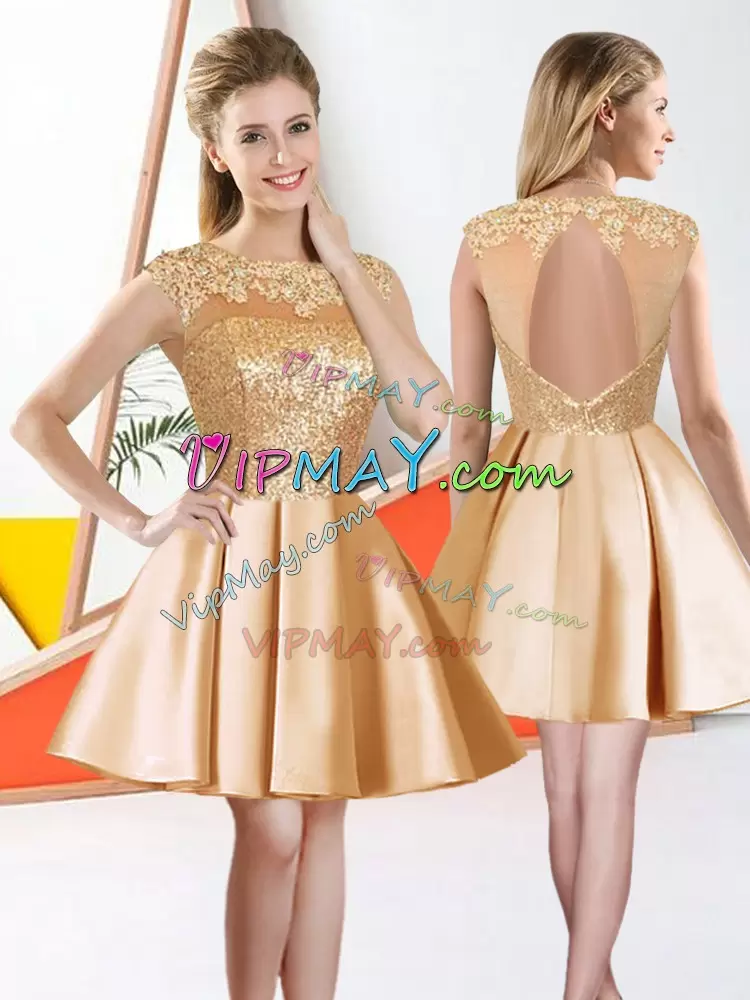 Trendy Champagne A-line Beading and Lace Quinceanera Court of Honor Dress Backless Taffeta Sleeveless Knee Length
