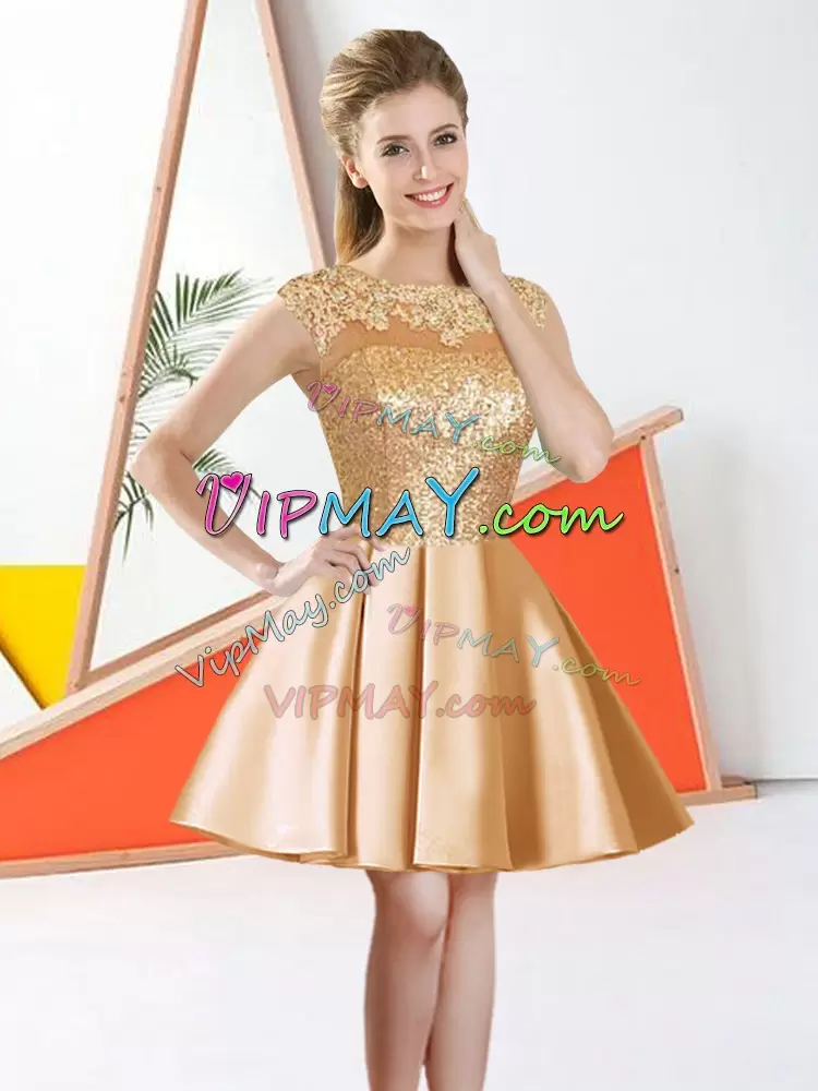Trendy Champagne A-line Beading and Lace Quinceanera Court of Honor Dress Backless Taffeta Sleeveless Knee Length