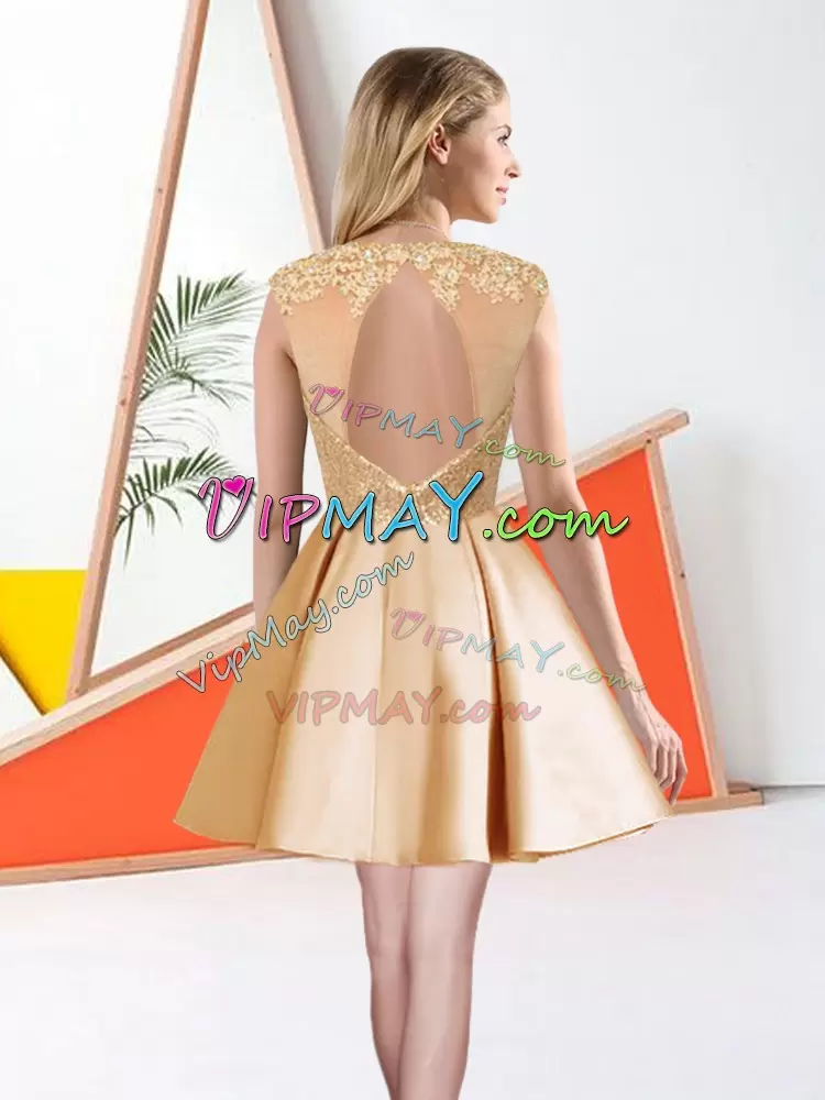 Trendy Champagne A-line Beading and Lace Quinceanera Court of Honor Dress Backless Taffeta Sleeveless Knee Length