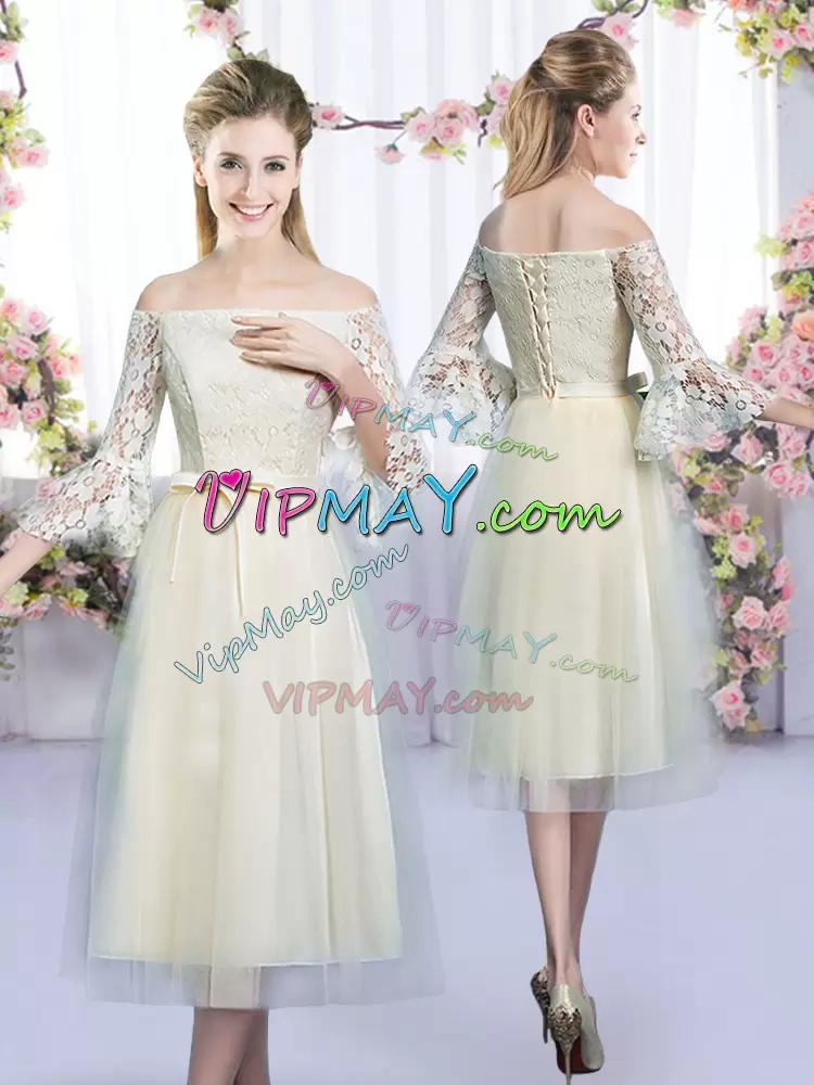 Extravagant Off The Shoulder 3 4 Length Sleeve Lace Up Bridesmaid Dresses Champagne Tulle Lace and Bowknot