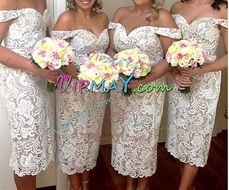 Fantastic Lace Bridesmaid Gown White Zipper Sleeveless Tea Length