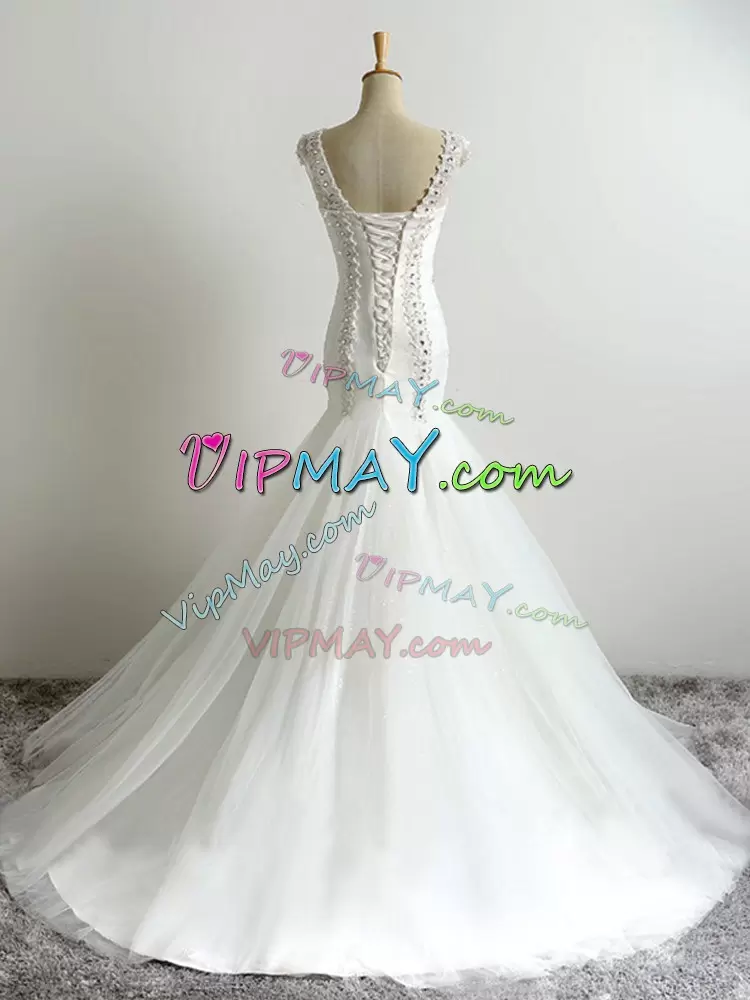 Best Selling White Cap Sleeves Tulle Brush Train Lace Up Wedding Gown for Beach and Wedding Party