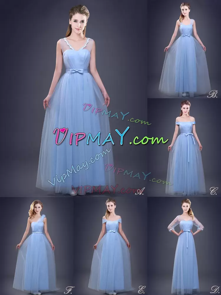 Edgy Tulle Sleeveless Floor Length Bridesmaid Dress and Ruching and Bowknot