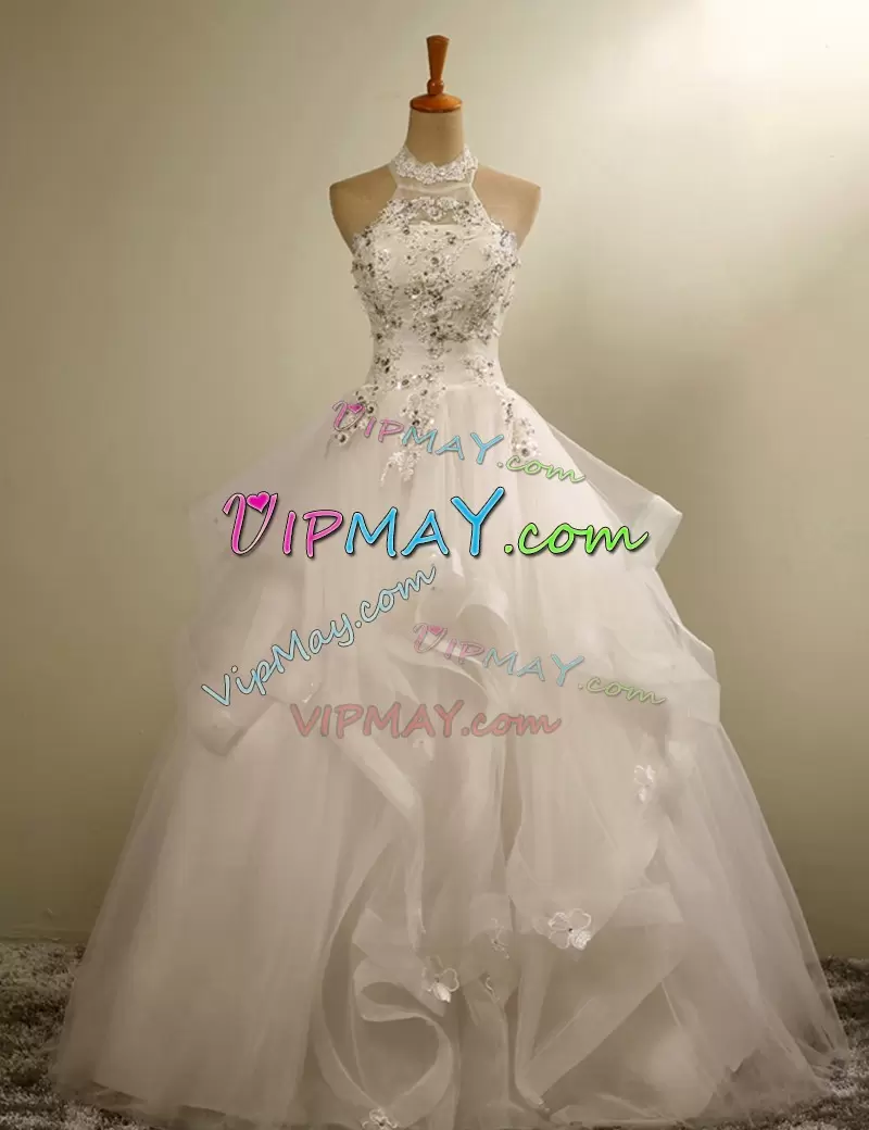 Smart White Sleeveless Floor Length Beading and Appliques and Ruffles Lace Up Wedding Dress Halter Top