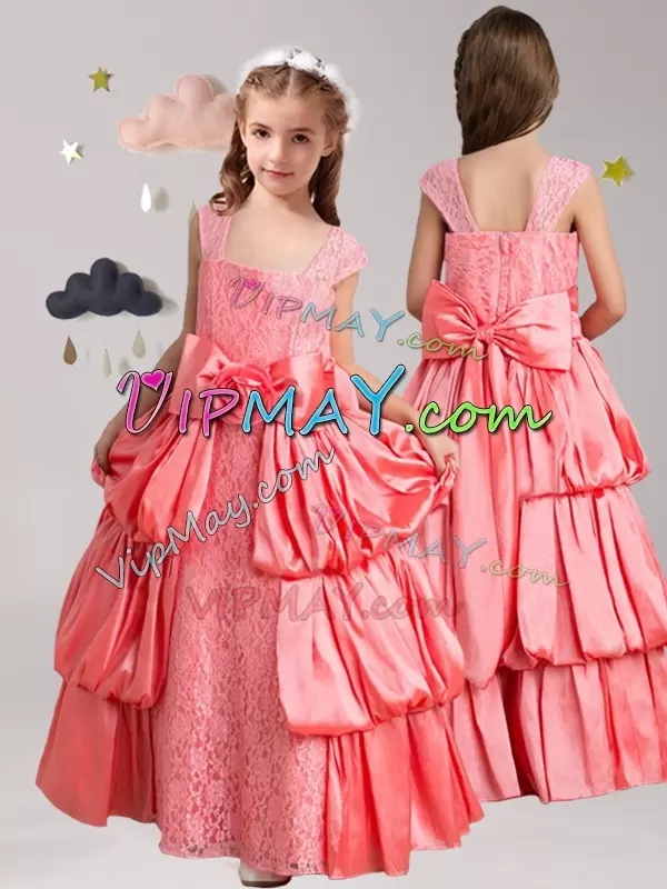 Watermelon Red A-line Straps Cap Sleeves Taffeta and Lace Floor Length Zipper Pick Ups and Bowknot and Hand Made Flower Flower Girl Dresses