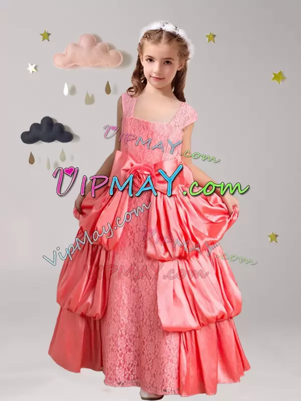 Watermelon Red A-line Straps Cap Sleeves Taffeta and Lace Floor Length Zipper Pick Ups and Bowknot and Hand Made Flower Flower Girl Dresses