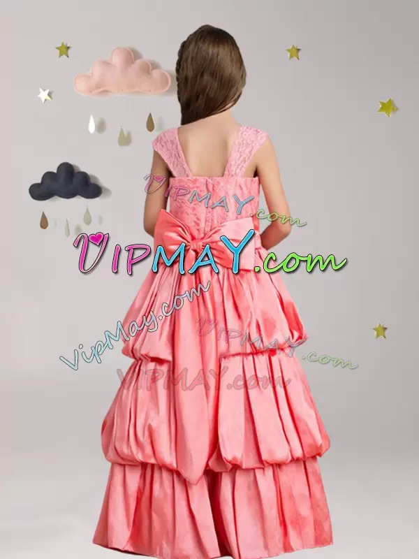 Watermelon Red A-line Straps Cap Sleeves Taffeta and Lace Floor Length Zipper Pick Ups and Bowknot and Hand Made Flower Flower Girl Dresses