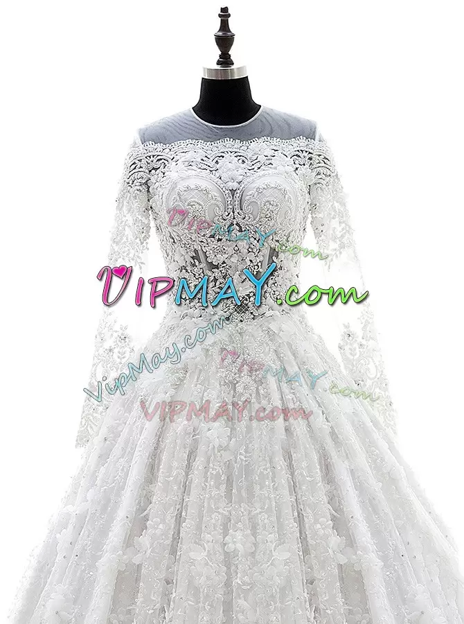 New Arrival Long Sleeves Appliques Zipper Wedding Gowns with White Court Train