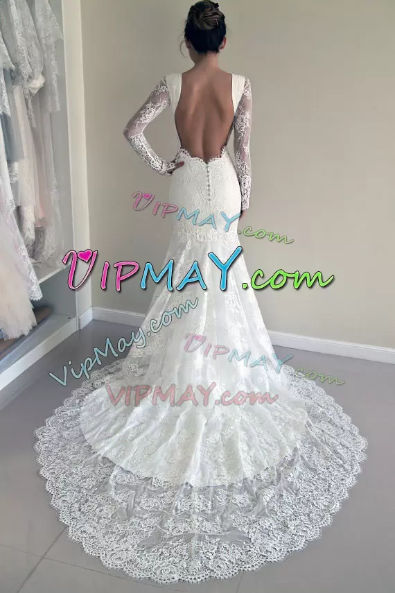 With Train White Wedding Gowns Scoop Long Sleeves Court Train Backless