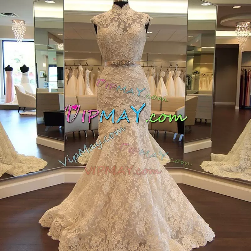 Elegant Lace Up Wedding Gowns White for Wedding Party with Beading and Belt Sweep Train