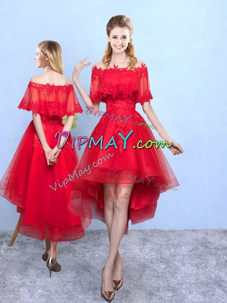 Exquisite Half Sleeves Off The Shoulder Appliques Lace Up Bridesmaids Dress