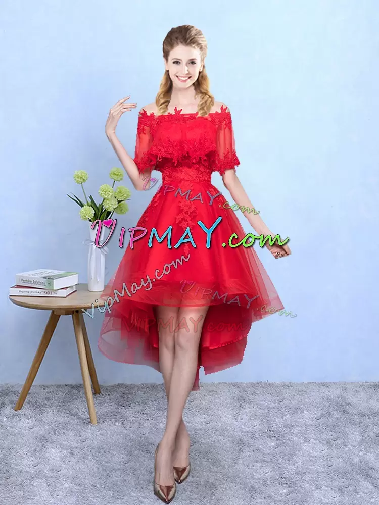 Exquisite Half Sleeves Off The Shoulder Appliques Lace Up Bridesmaids Dress