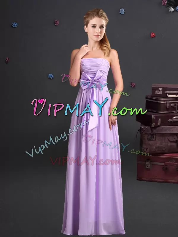 Lavender Chiffon Zipper Bridesmaid Dresses Sleeveless Floor Length Ruching and Bowknot