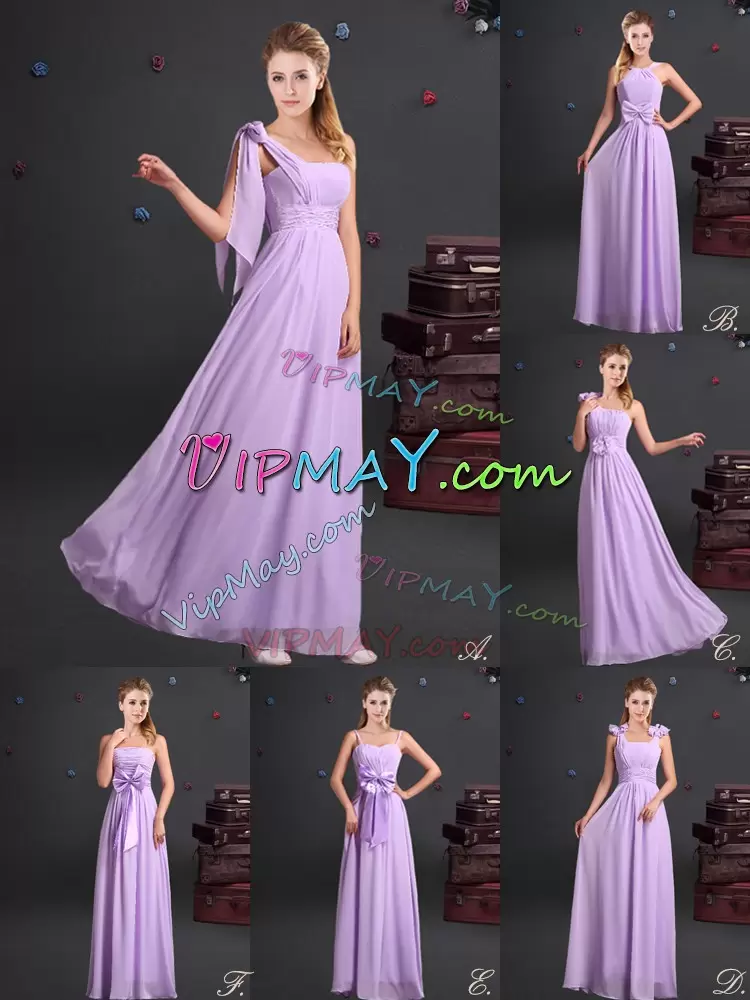 Lavender Chiffon Zipper Bridesmaid Dresses Sleeveless Floor Length Ruching and Bowknot