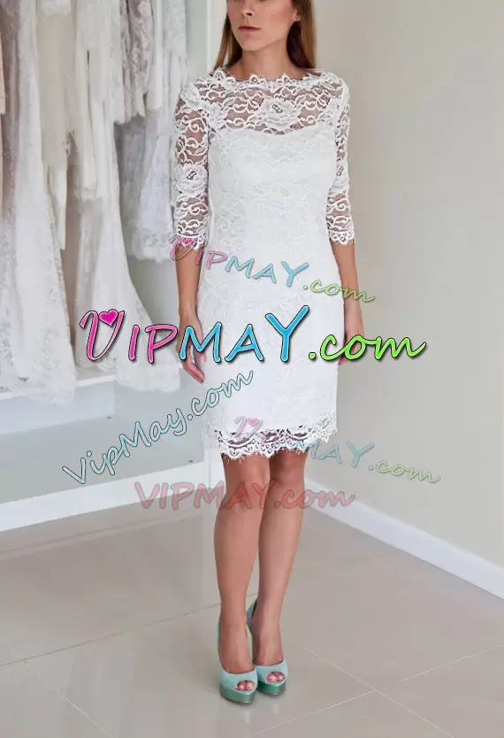 Shining White Column/Sheath Lace Bridal Gown Zipper Lace Sleeveless Knee Length