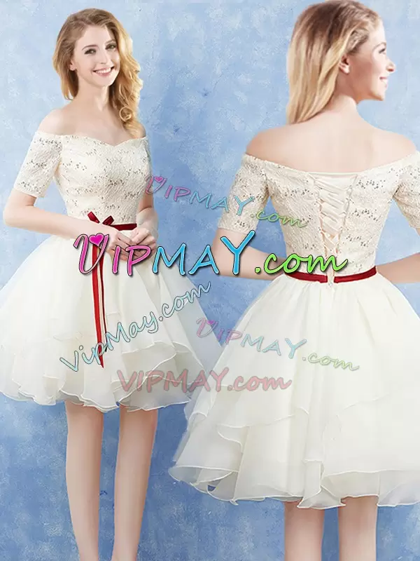 Charming Champagne Off The Shoulder Lace Up Lace and Ruffles and Belt Dama Dress for Quinceanera Short Sleeves