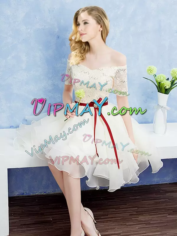 Charming Champagne Off The Shoulder Lace Up Lace and Ruffles and Belt Dama Dress for Quinceanera Short Sleeves