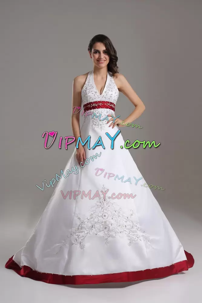 White and Wine Red Satin Halter Top Wedding Gown Sleeveless with Train and Embroidery