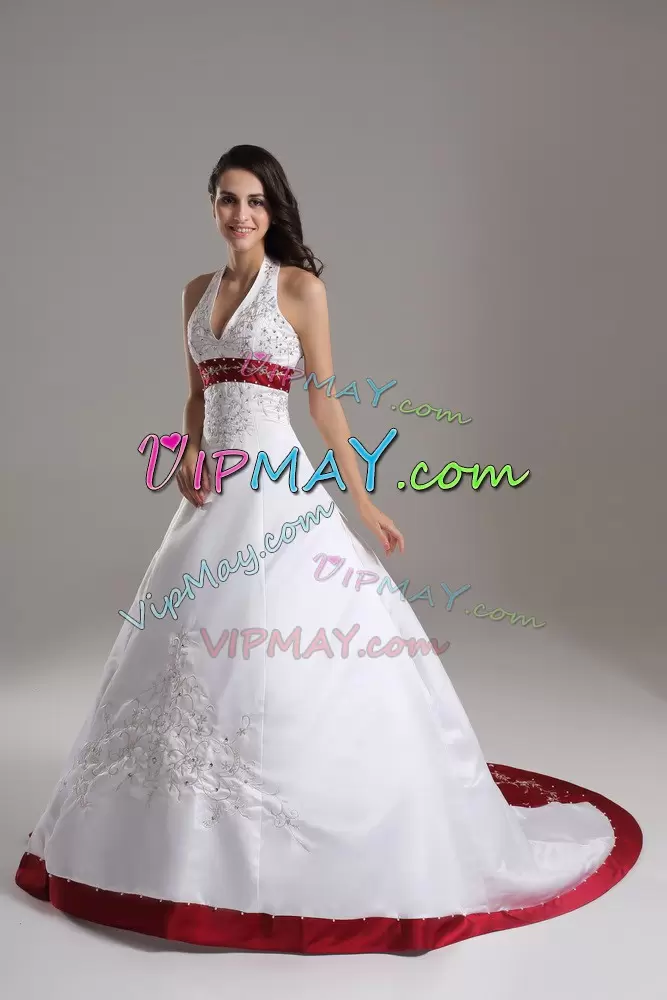 White and Wine Red Satin Halter Top Wedding Gown Sleeveless with Train and Embroidery