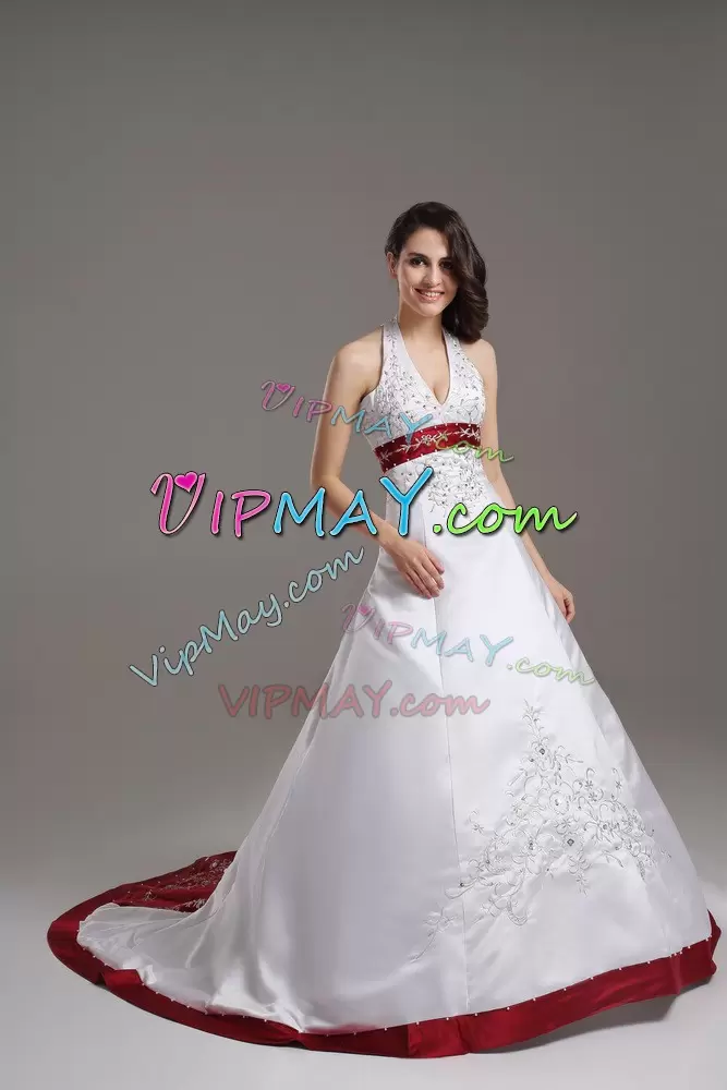 White and Wine Red Satin Halter Top Wedding Gown Sleeveless with Train and Embroidery