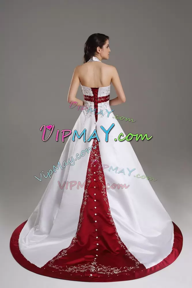 White and Wine Red Satin Halter Top Wedding Gown Sleeveless with Train and Embroidery