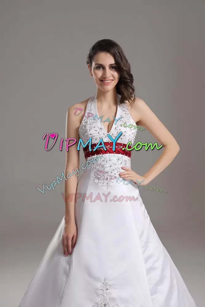 White and Wine Red Satin Halter Top Wedding Gown Sleeveless with Train and Embroidery