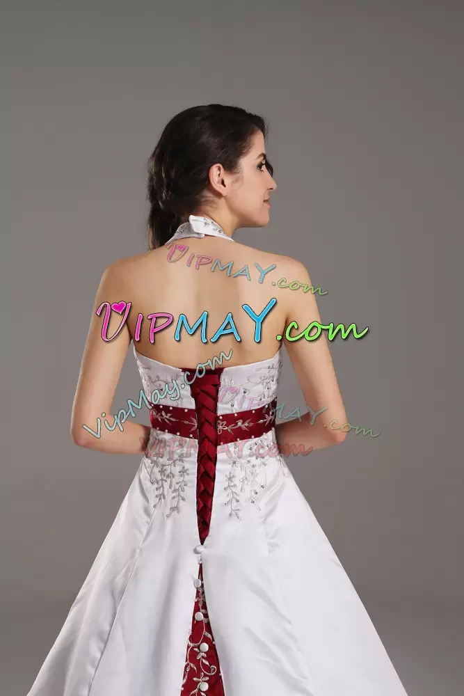 White and Wine Red Satin Halter Top Wedding Gown Sleeveless with Train and Embroidery