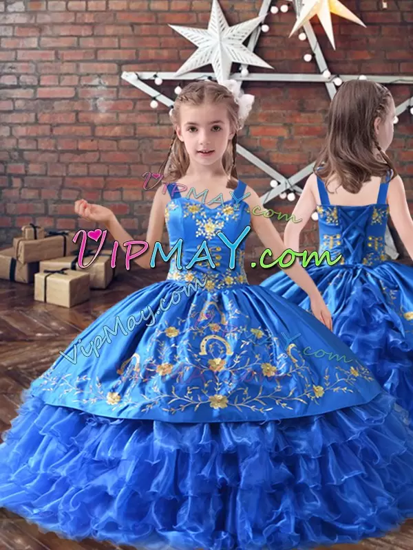 Simple Royal Blue Sleeveless Satin and Organza Lace Up Pageant Dresses for Wedding Party