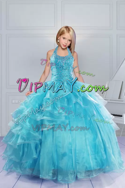 Halter Top Sleeveless Lace Up Pageant Dresses Aqua Blue Organza Beading and Ruffles