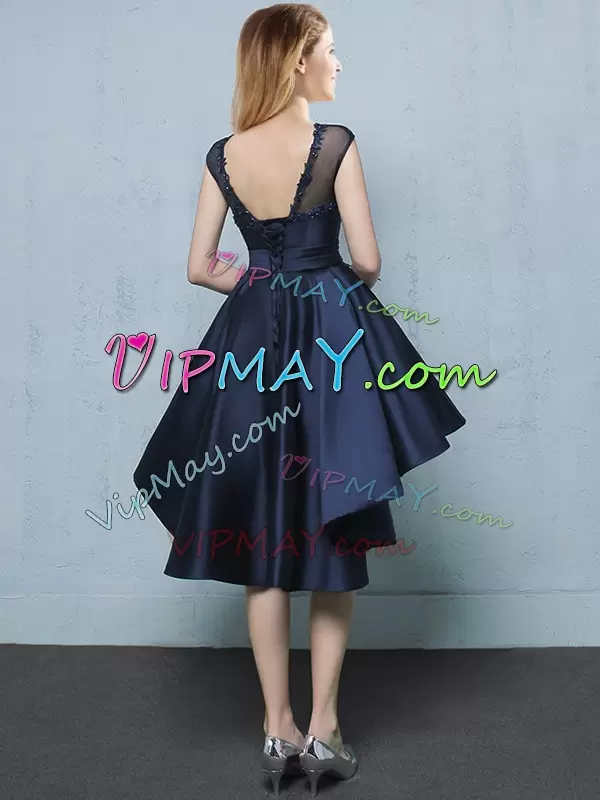 Most Popular Navy Blue Satin Lace Up Bridesmaids Dress Cap Sleeves High Low Appliques