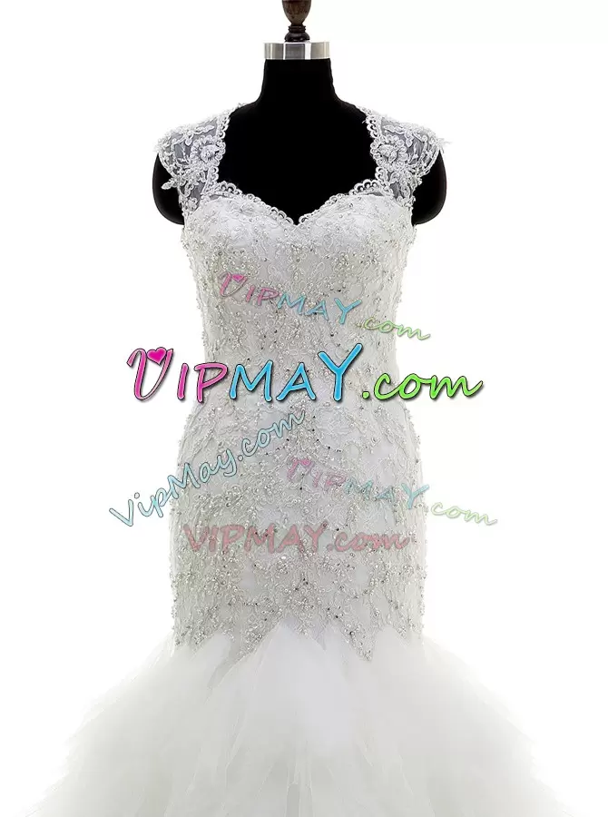 Beading and Lace and Ruffles Wedding Dress White Clasp Handle Cap Sleeves With Brush Train