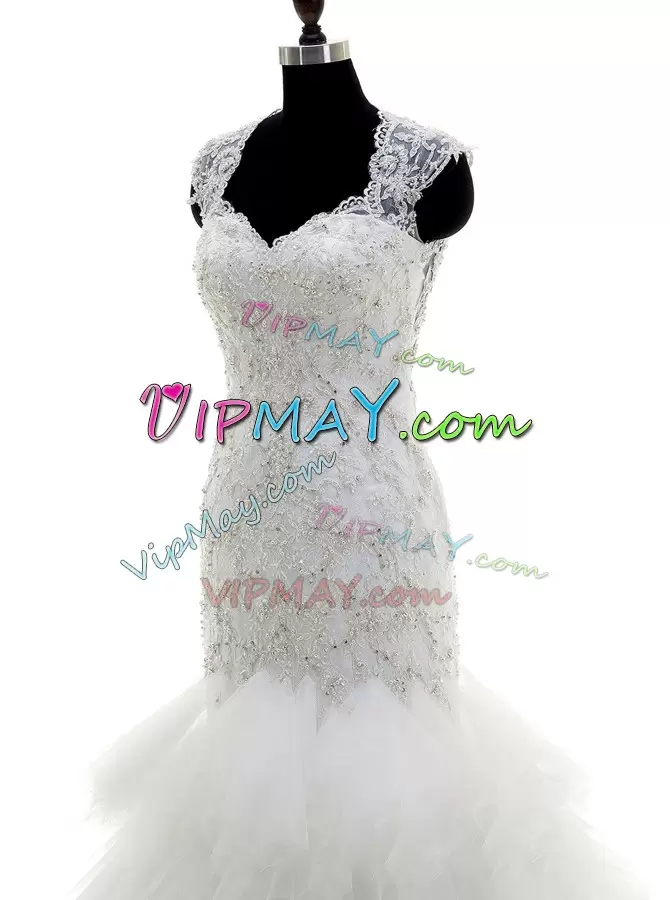 Beading and Lace and Ruffles Wedding Dress White Clasp Handle Cap Sleeves With Brush Train