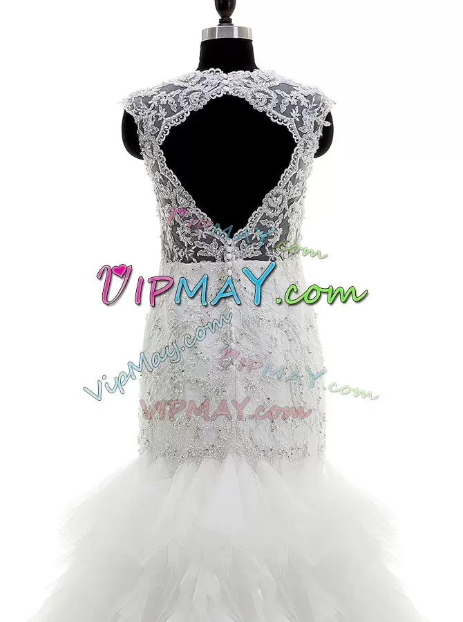 Beading and Lace and Ruffles Wedding Dress White Clasp Handle Cap Sleeves With Brush Train