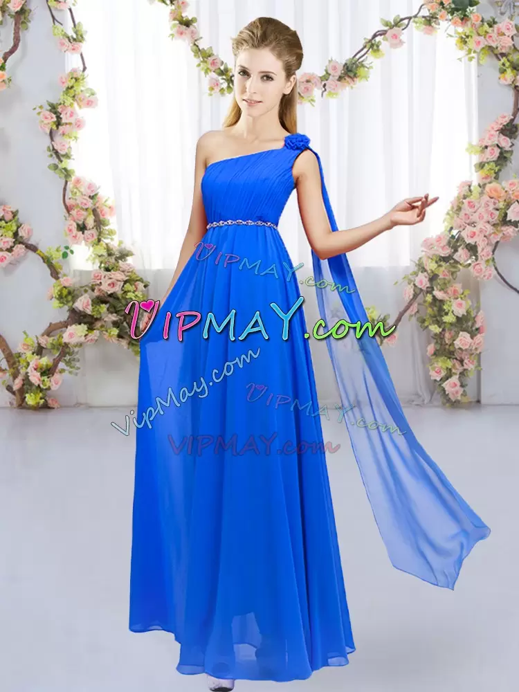 Clearance Beading and Hand Made Flower Bridesmaids Dress Royal Blue Lace Up Sleeveless Floor Length