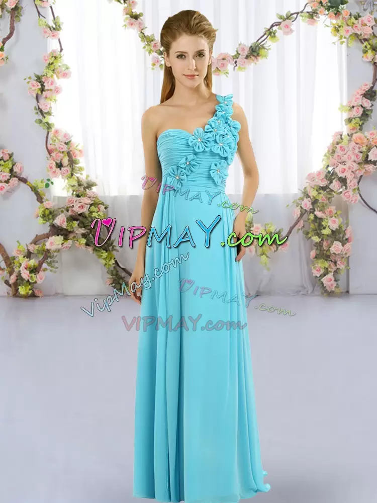 Enchanting Hand Made Flower Bridesmaids Dress Aqua Blue Lace Up Sleeveless Floor Length