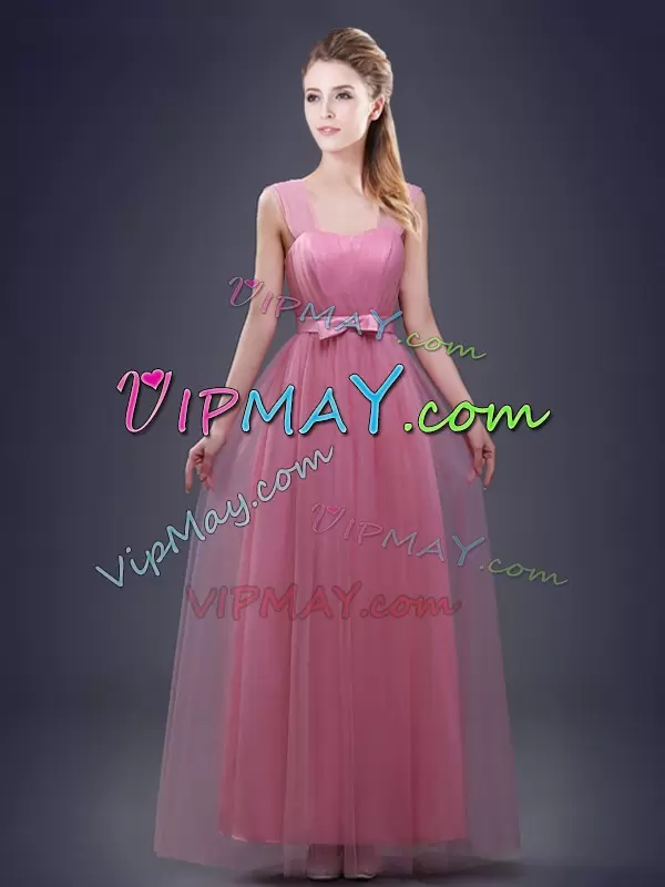 Flare Pink Tulle Lace Up Bridesmaid Dress Sleeveless Floor Length Ruching and Bowknot