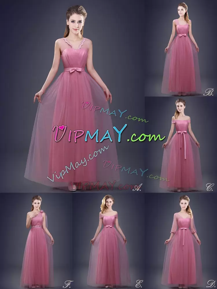 Flare Pink Tulle Lace Up Bridesmaid Dress Sleeveless Floor Length Ruching and Bowknot