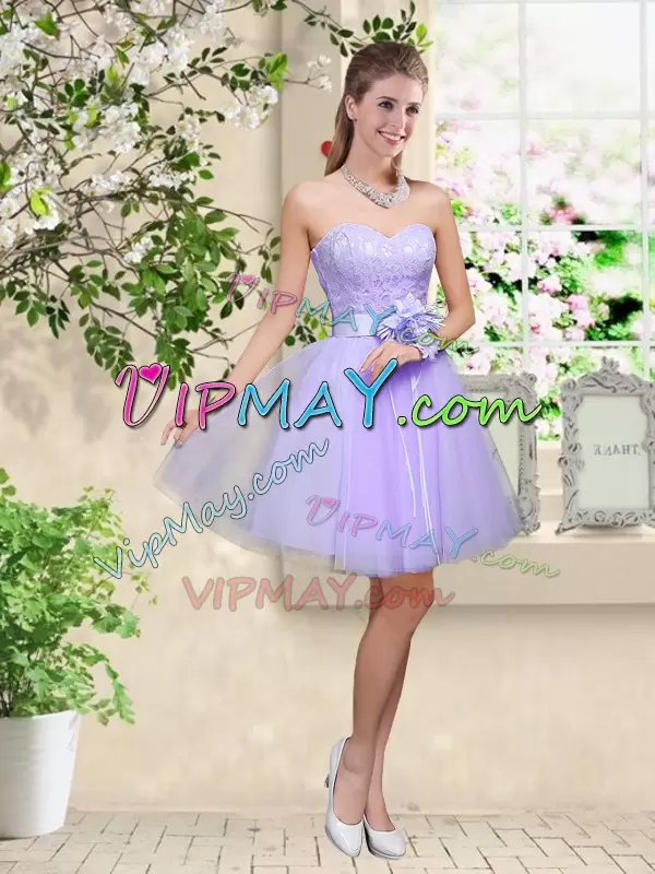 V-neck Sleeveless Lace Up Bridesmaid Gown Lilac Tulle Lace and Belt