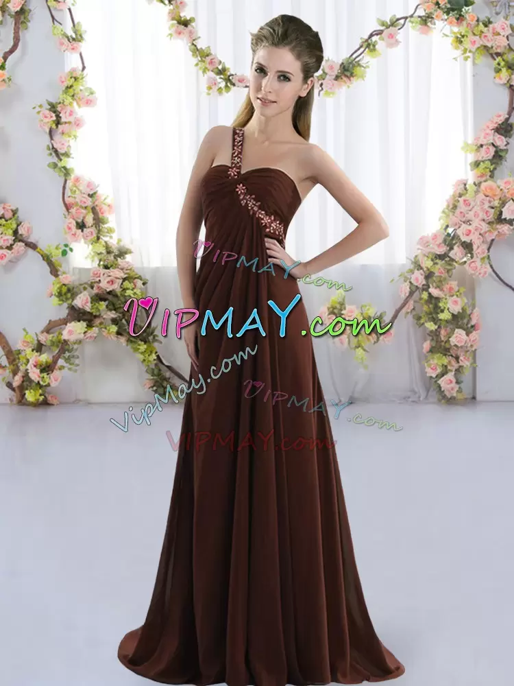 Brown Wedding Guest Dresses One Shoulder Sleeveless Brush Train Lace Up