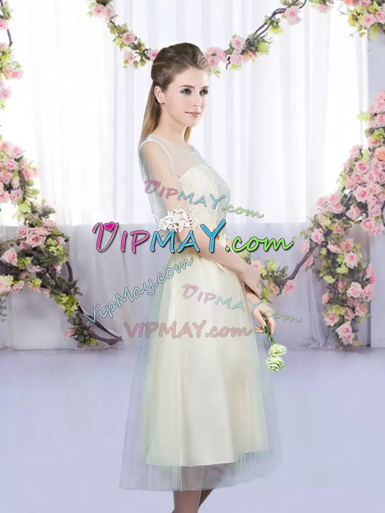 Comfortable Scoop Half Sleeves Wedding Guest Dresses Tea Length Lace and Bowknot Champagne Tulle