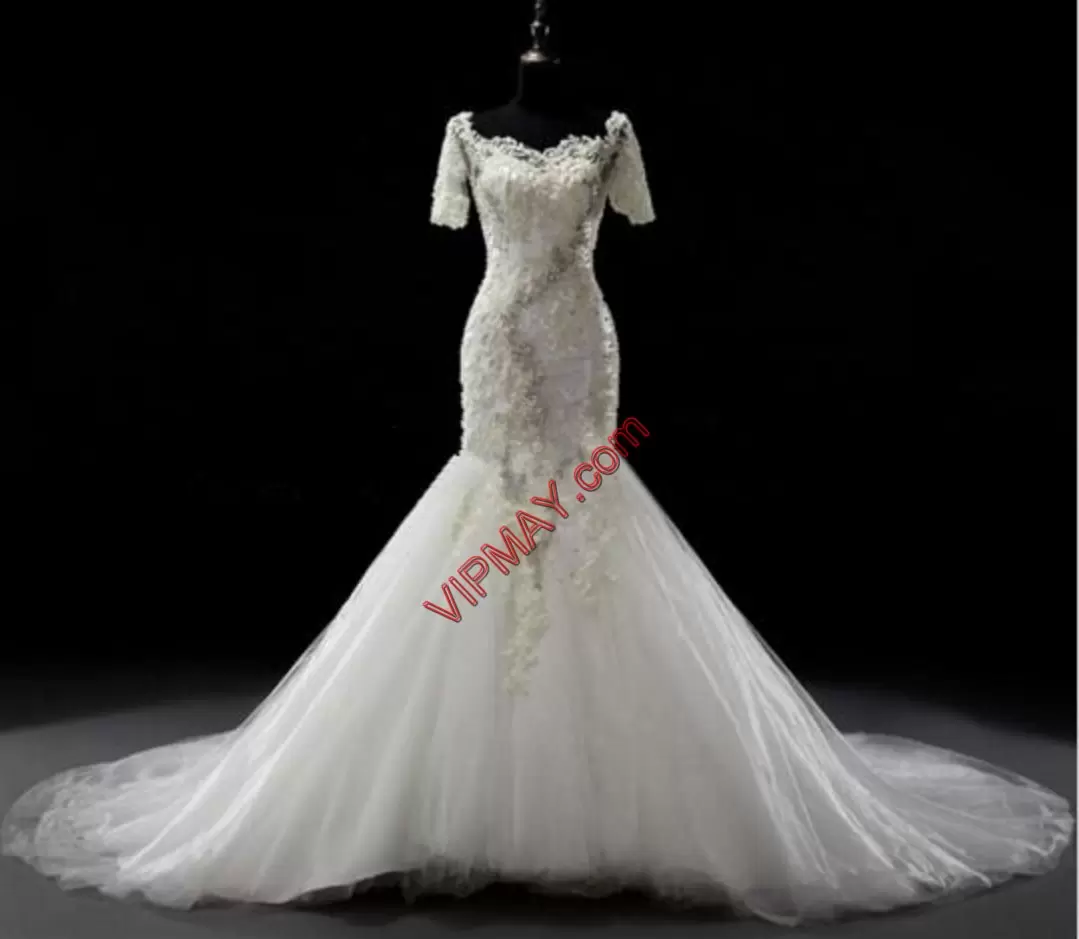 Cheap White Mermaid Open Back Tulle Short Sleeves Wedding Gown with Lace and Beading