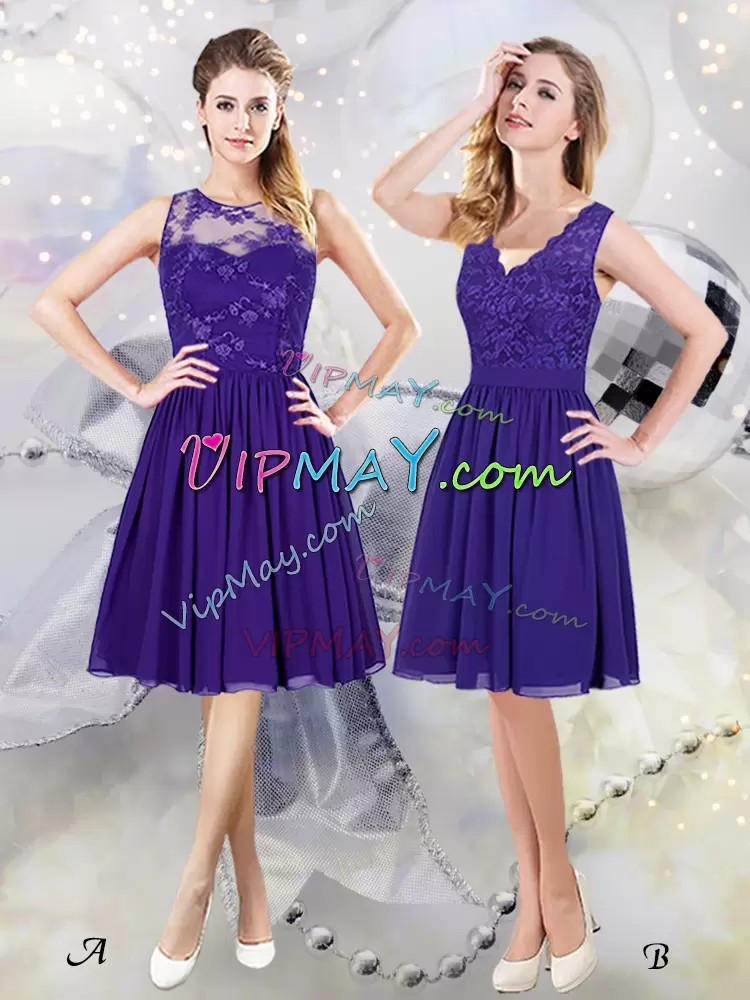 Hot Selling Purple Sleeveless Lace Knee Length Quinceanera Dama Dress