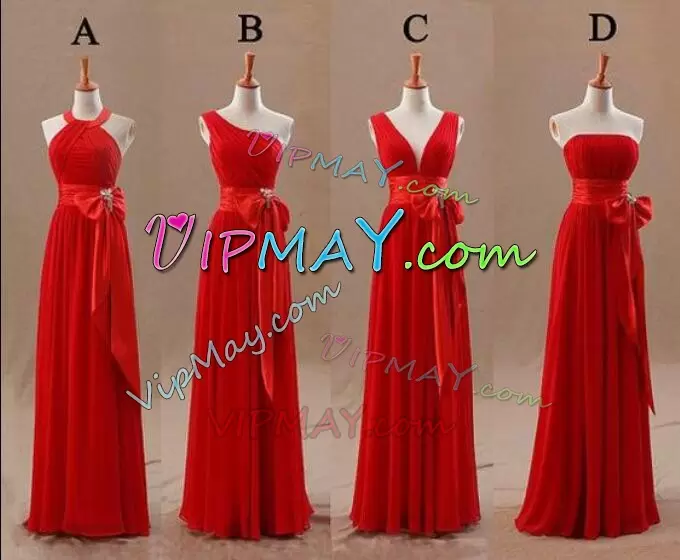 Red Sleeveless Bowknot Floor Length Bridesmaids Dress
