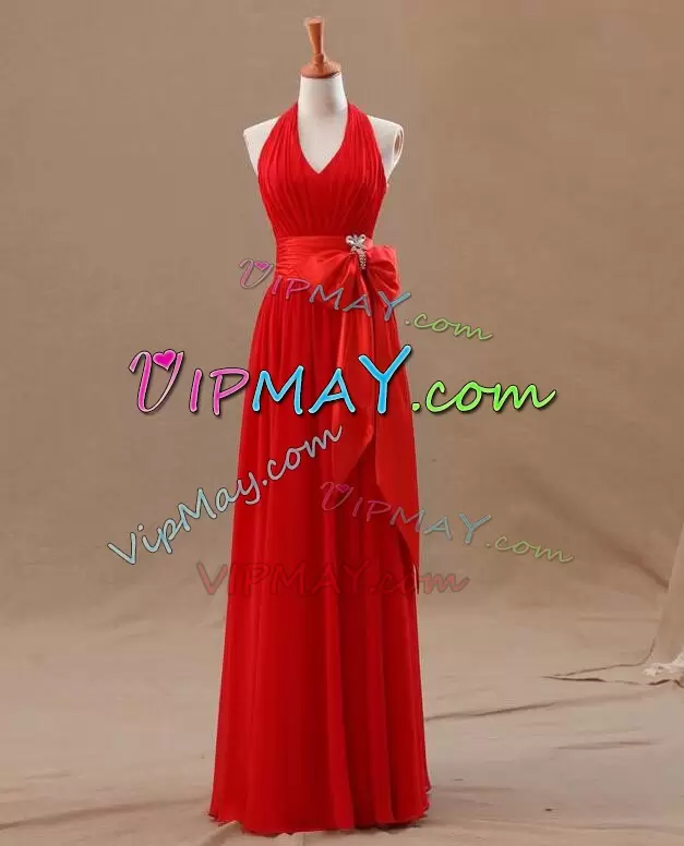 Red Sleeveless Bowknot Floor Length Bridesmaids Dress