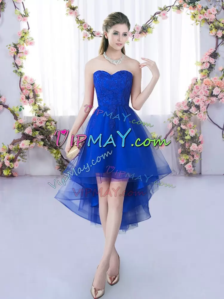 Royal Blue Lace Up Wedding Party Dress Lace Sleeveless High Low