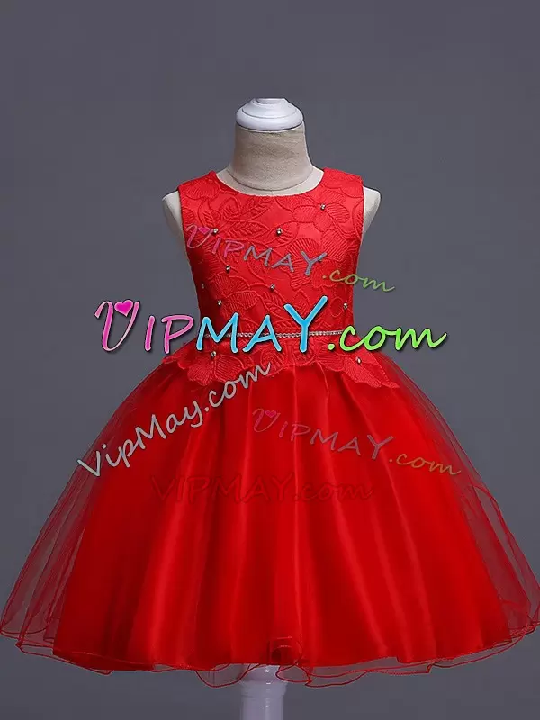 Amazing Knee Length Zipper Pageant Dress Womens Red for Wedding Party with Lace