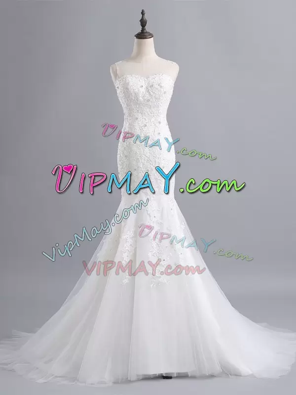 Fabulous Mermaid Sleeveless White Wedding Dress Brush Train Zipper