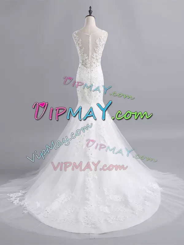 Fabulous Mermaid Sleeveless White Wedding Dress Brush Train Zipper